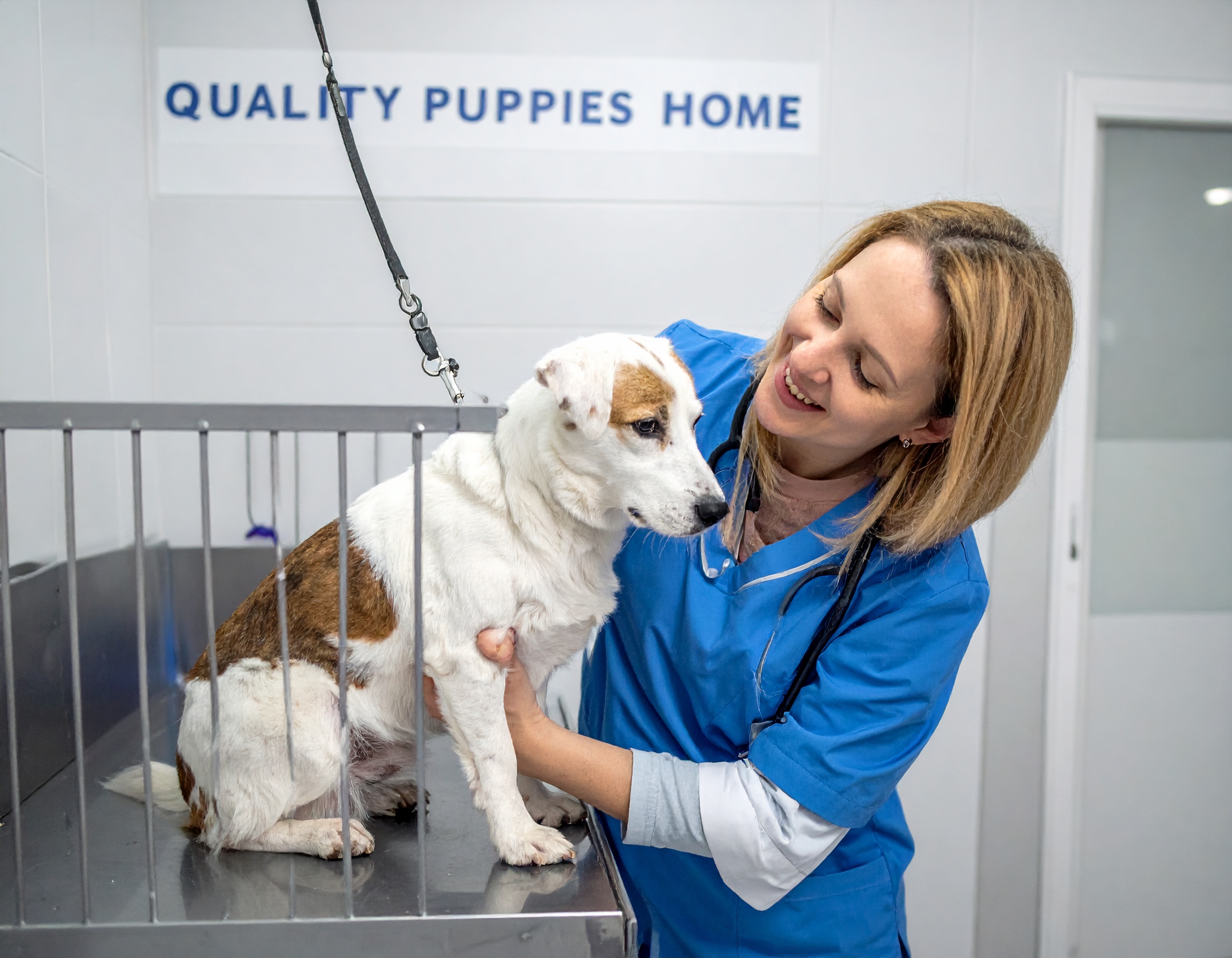 Firefly_A veterinarian woman with a blue coat taking care of a dog in a pet adoption center n 43062